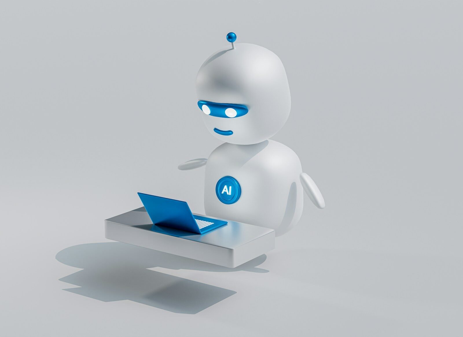 White AI robot with blue eyes working on a laptop, illustrating a comparison of AI chatbots