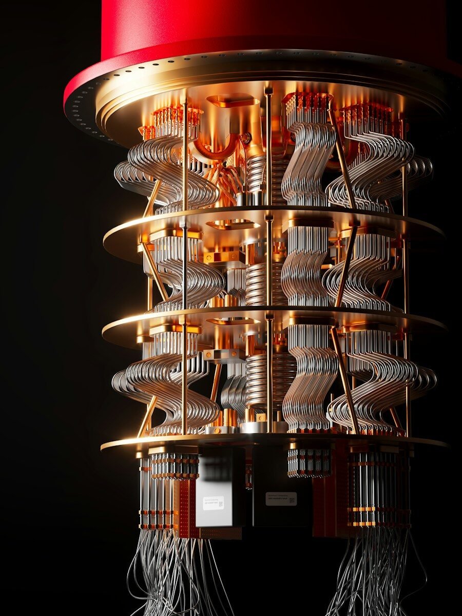 A quantum computer with gold plates and intricate silver wiring against a black background, illustrating quantum computing explained in plain English