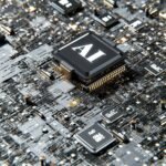 A close-up of a computer chip with the letters "AI" printed on it, mounted on a circuit board